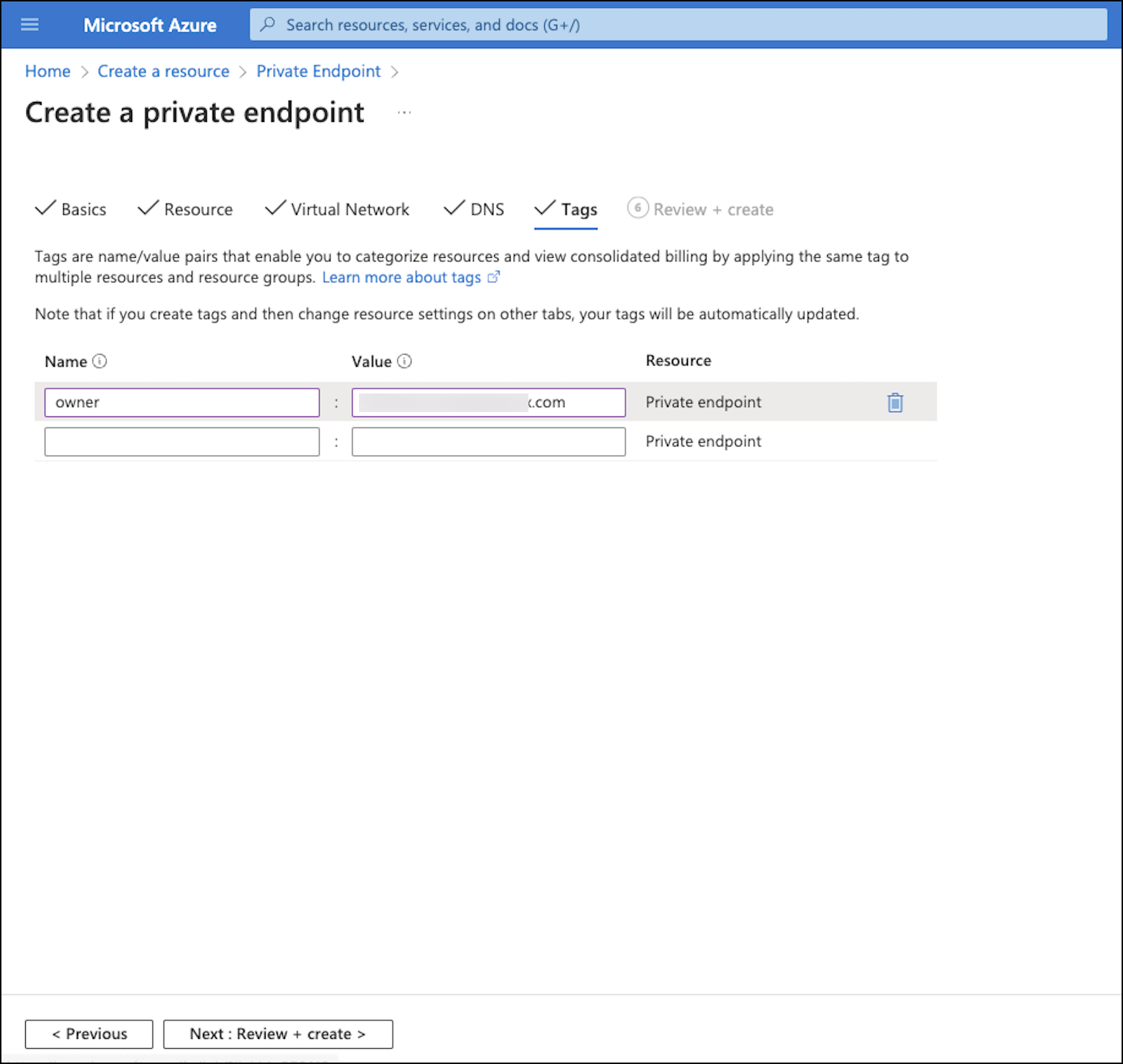 Azure Create Private Endpoint tags example