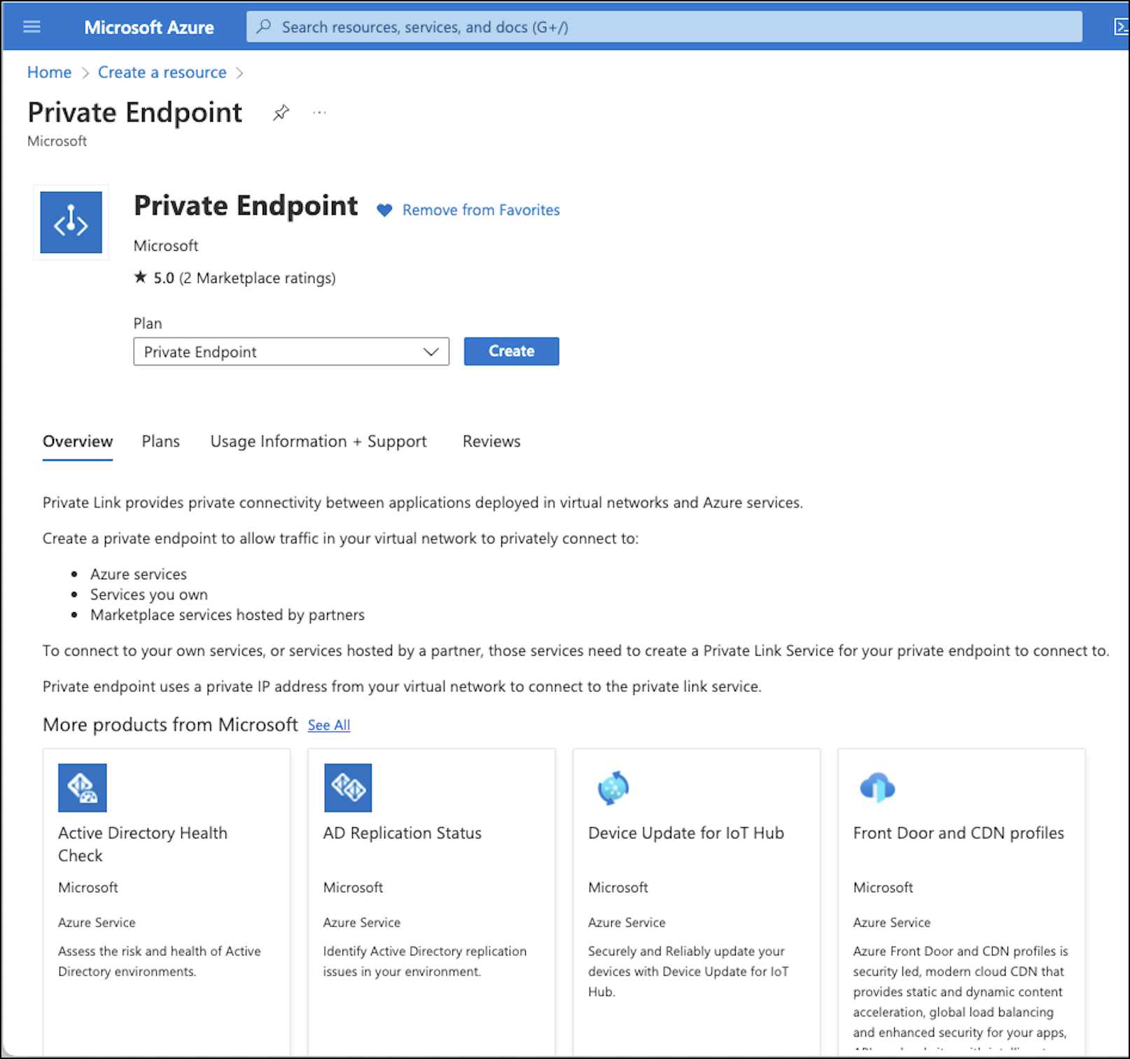 Azure Create a resource private endpoint with Create button