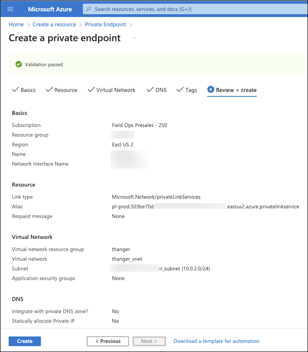 Azure Create Private Endpoint review and create example