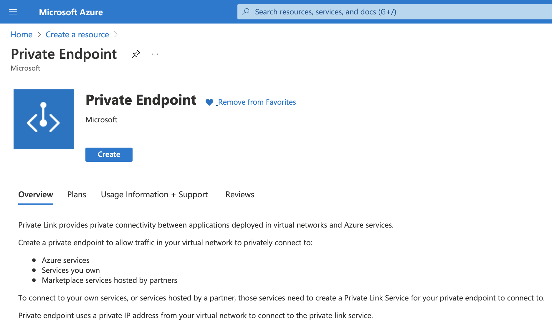 Azure Create a resource private endpoint with Create button