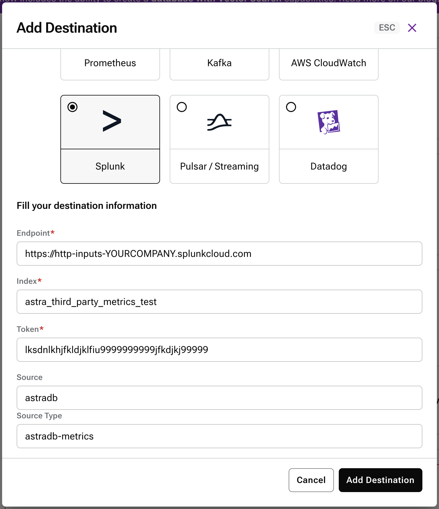 Astra DB Metrics form for Splunk with filled in values.