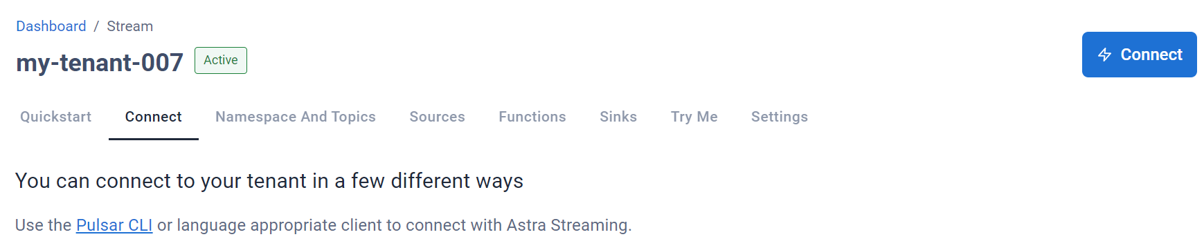 Connect tab in Astra Streaming