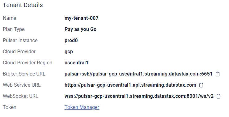 Tenant details in Astra Streaming