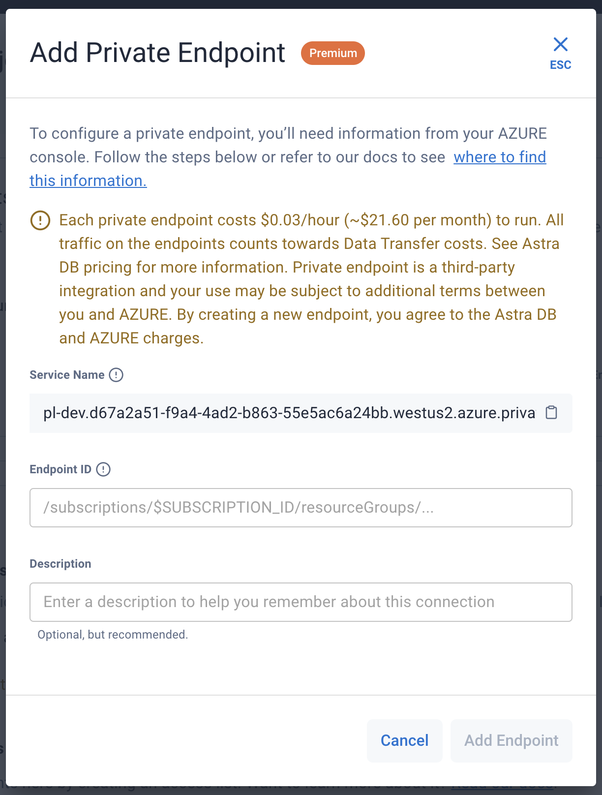 Astra DB Add Private Endpoint form with no Endpoint ID yet