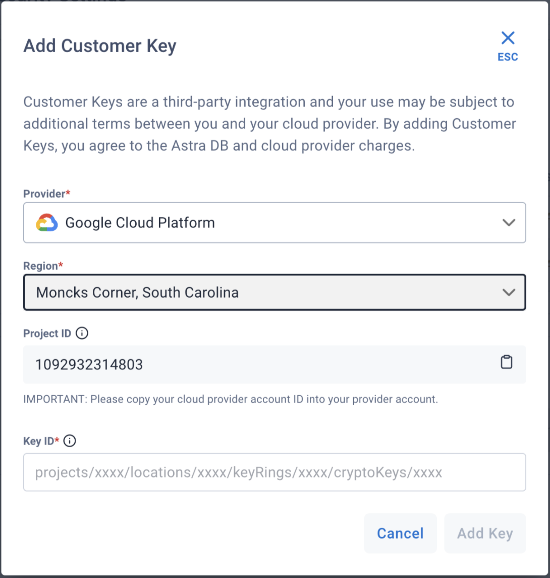 Add Key dialog with GCP provider and region selected.