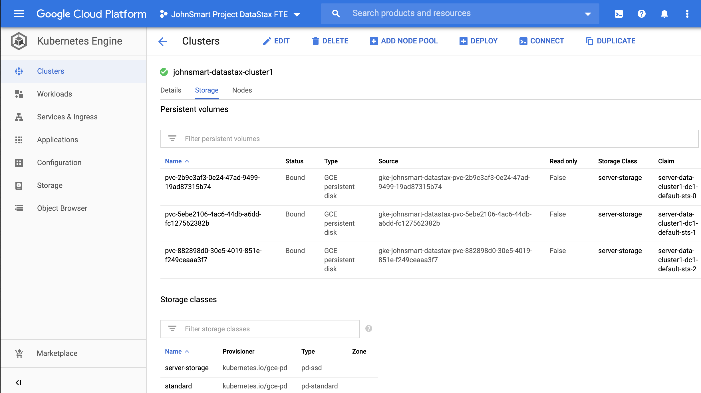 Storage details in Cloud Console’s Kubernetes Engine Clusters tab reflecting the settings created by the applied YAML files