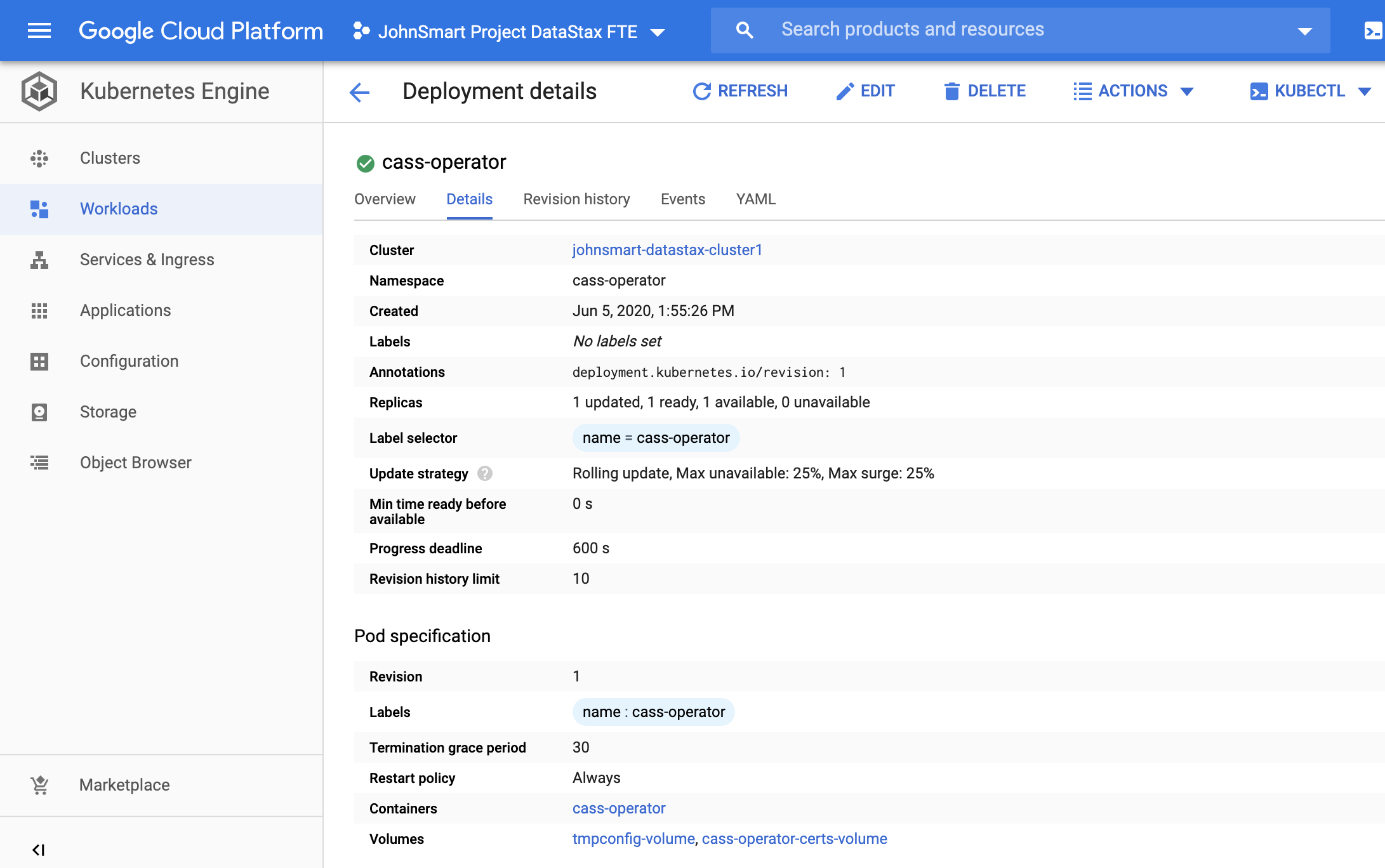 Workload details for cass-operator in Cloud Console