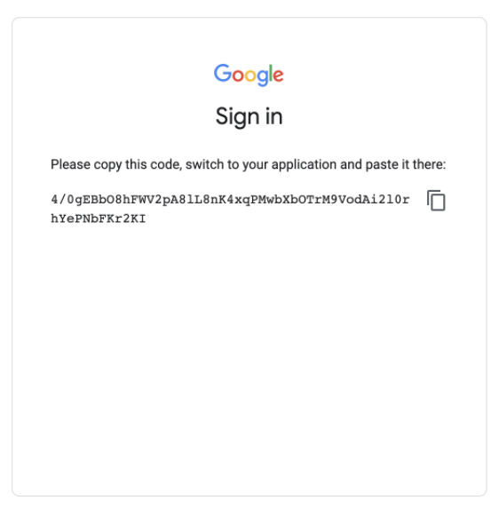 Google web page shows generated authorization code for the logged-in user