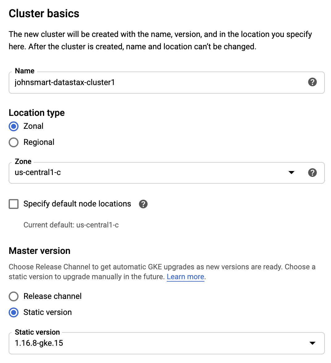 Google Cloud Console with billing data verified and Create Cluster button active