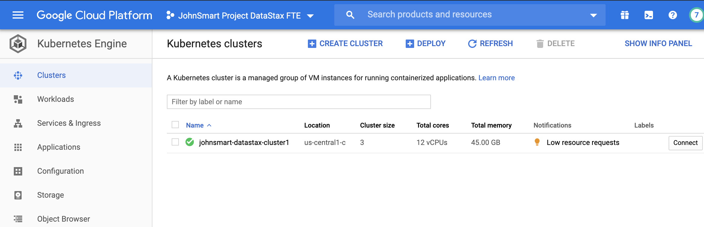 Google Cloud Console shows the created cluster on its Cluster tab