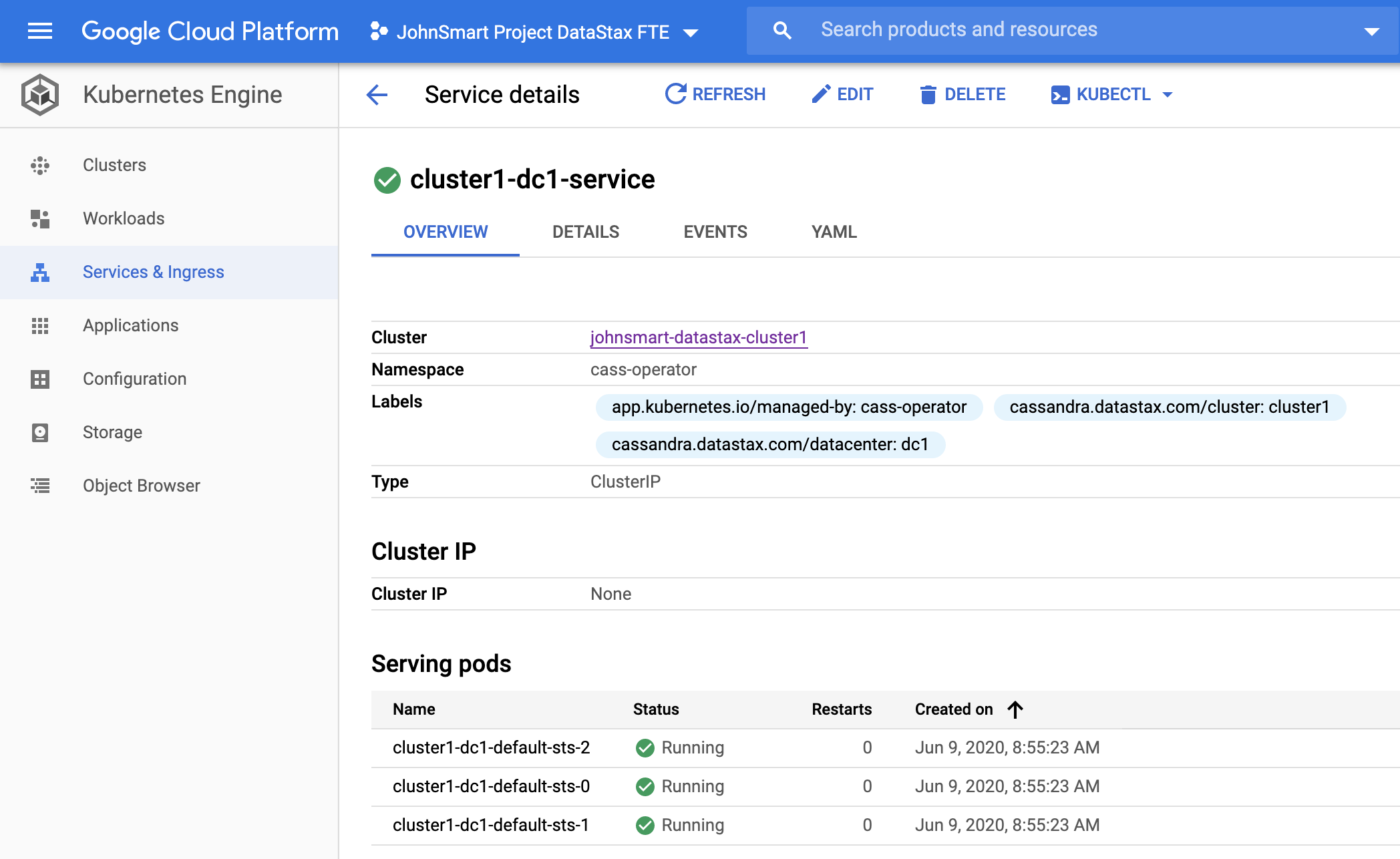 Service details for cluster1 Cassandra cluster and dc1 datacenter Cloud Console Kubernetes Engine Services tab