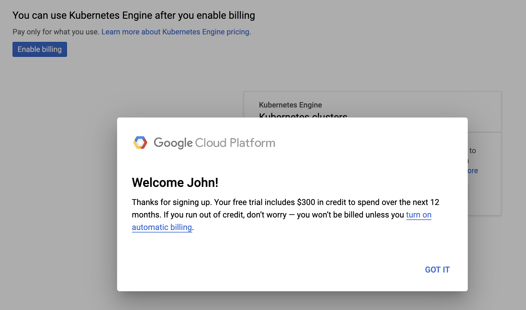 Google Cloud Console with created project