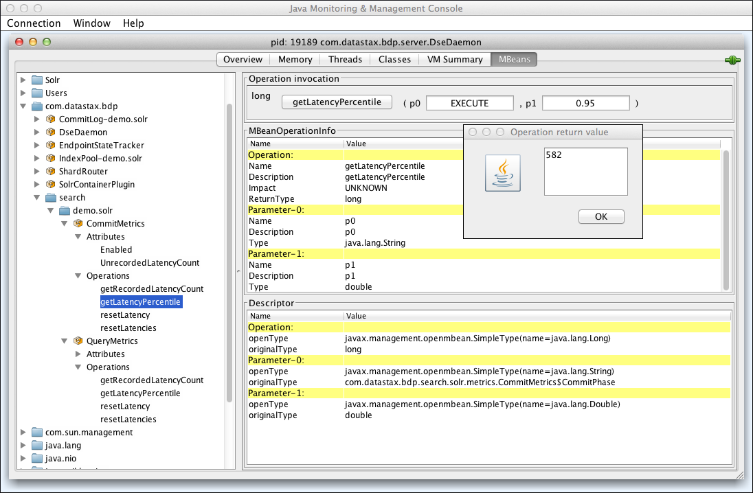The returned value of the CommitMetrics getLatencyPercentile operation in JConsole