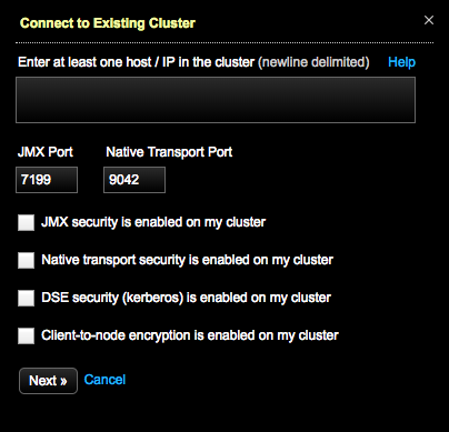 Collapsed view Connect to Existing Cluster dialog in OpsCenter Monitoring