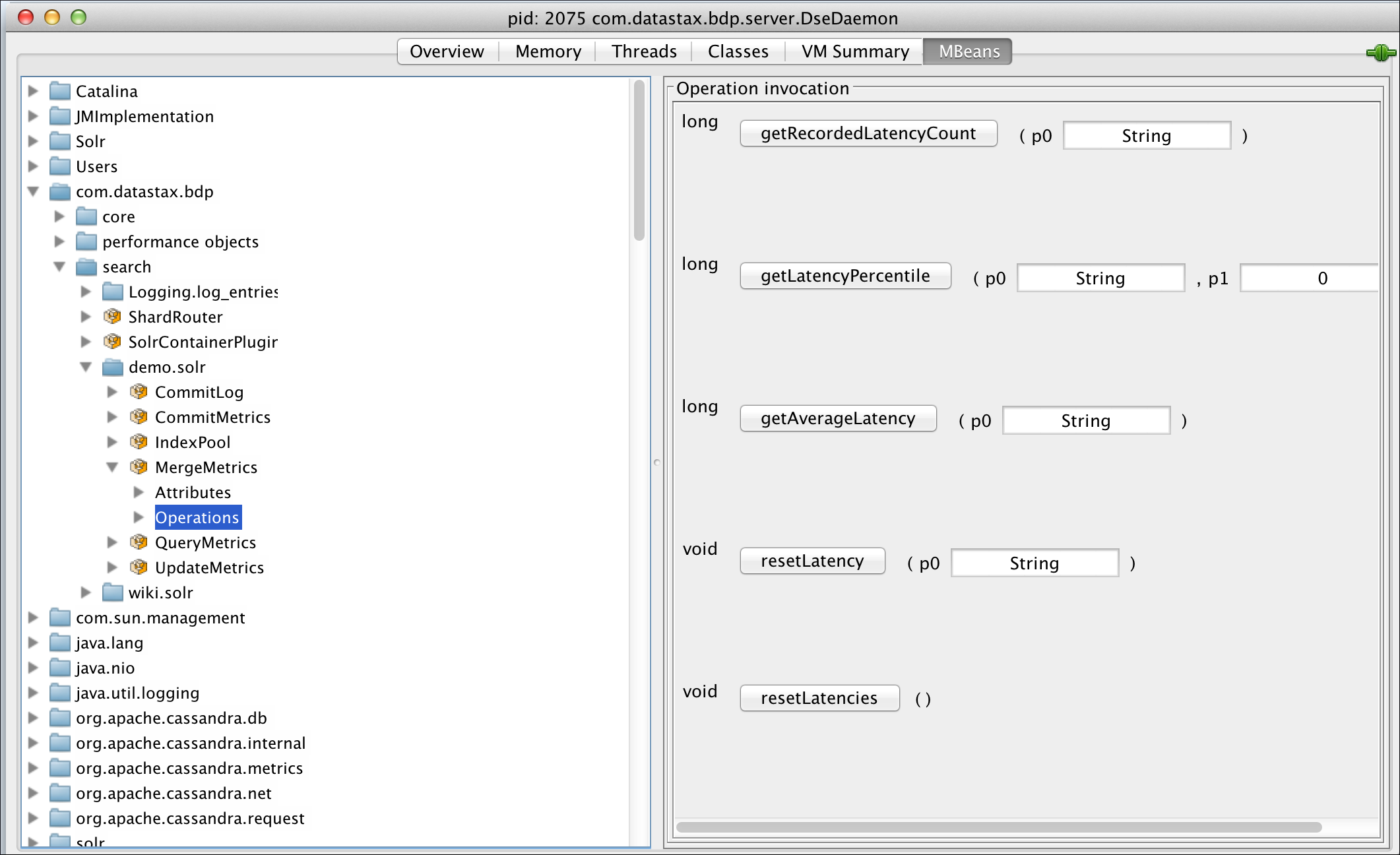 JConsole showing the merge metrics MBean operations.