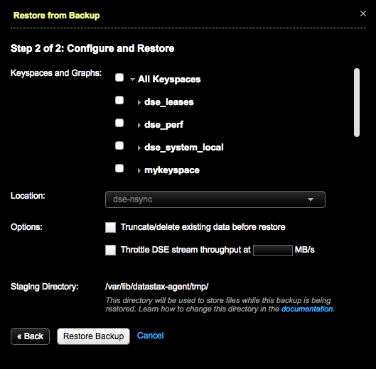 Step 2 of 2: Configure and Restore, Restore from Backup dialog