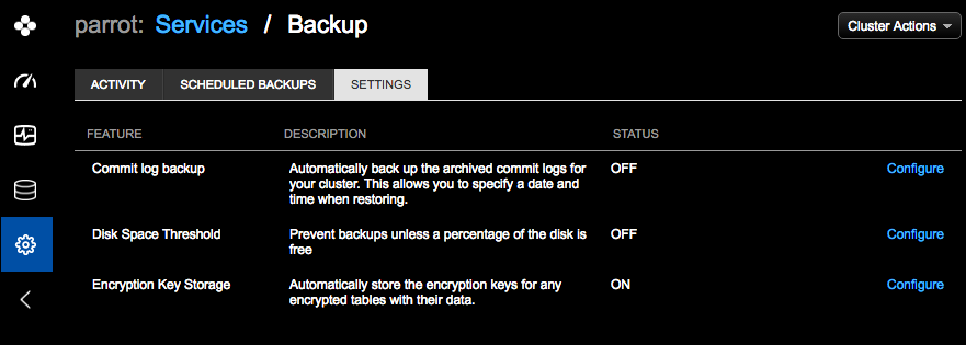 Configure optional Backup Service features in the Settings tab