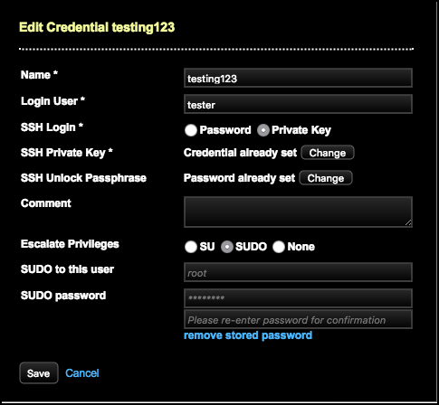SSH credentials already set can be changed in the Edit Credential dialog