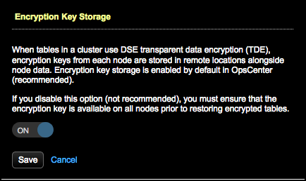 Encryption Key Storage dialog for OpsCenter Backup Service. Disabling encryption key storage is not recommended.