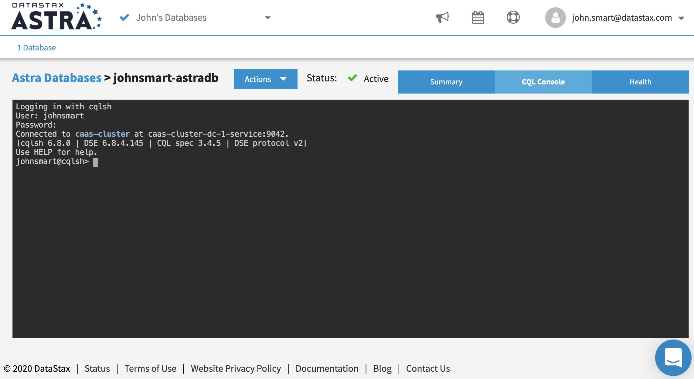DataStax Astra CQL Console's initial screen with cqlsh started