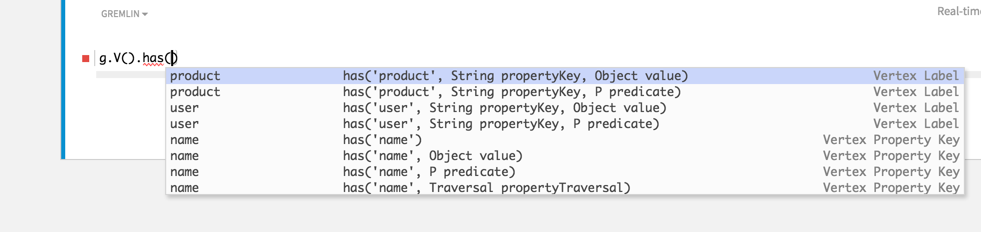 Studio’s schema assistance suggesting vertex labels and vertex property keys for a Gremlin traversal