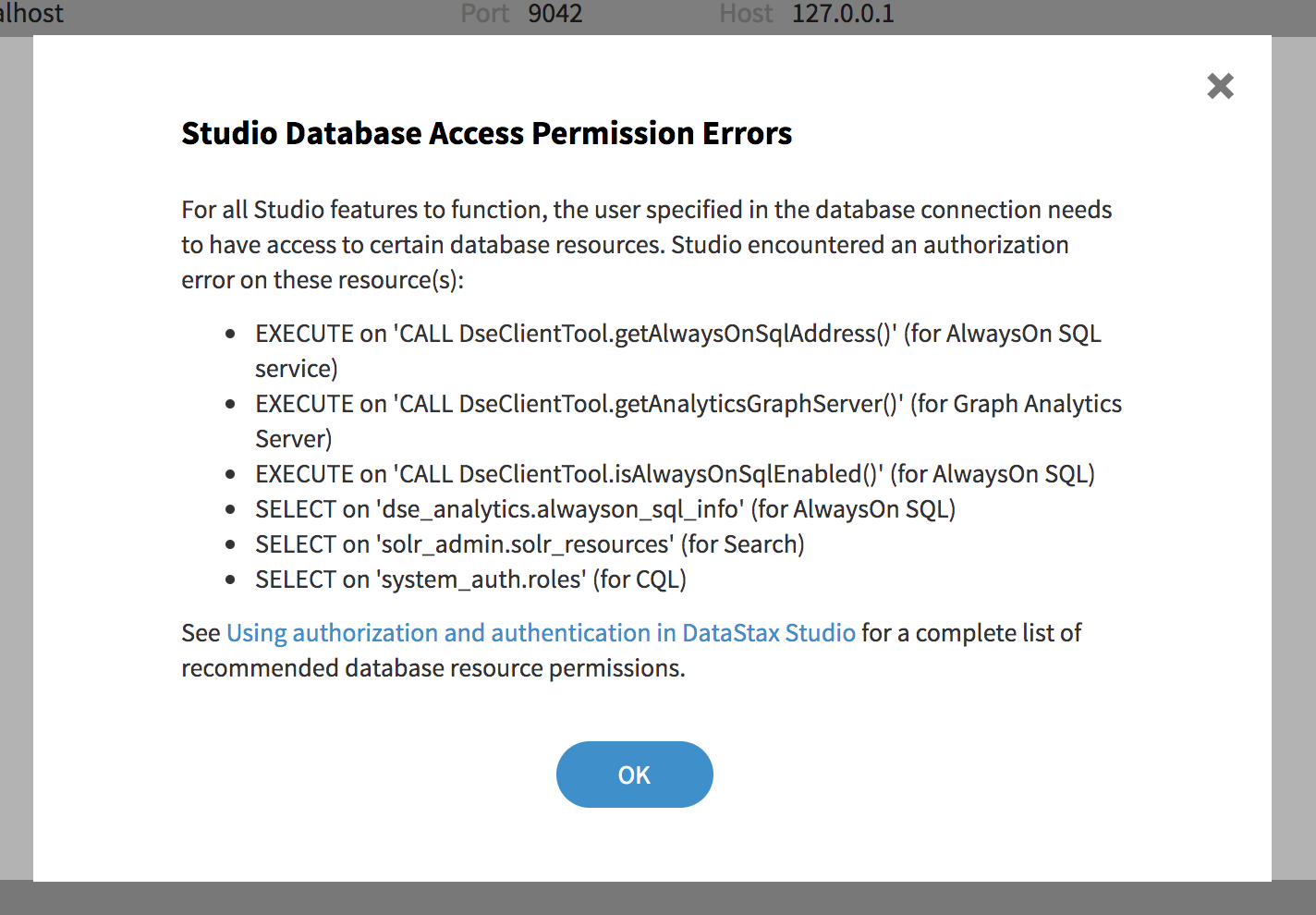 Studio database access permission error dialog example