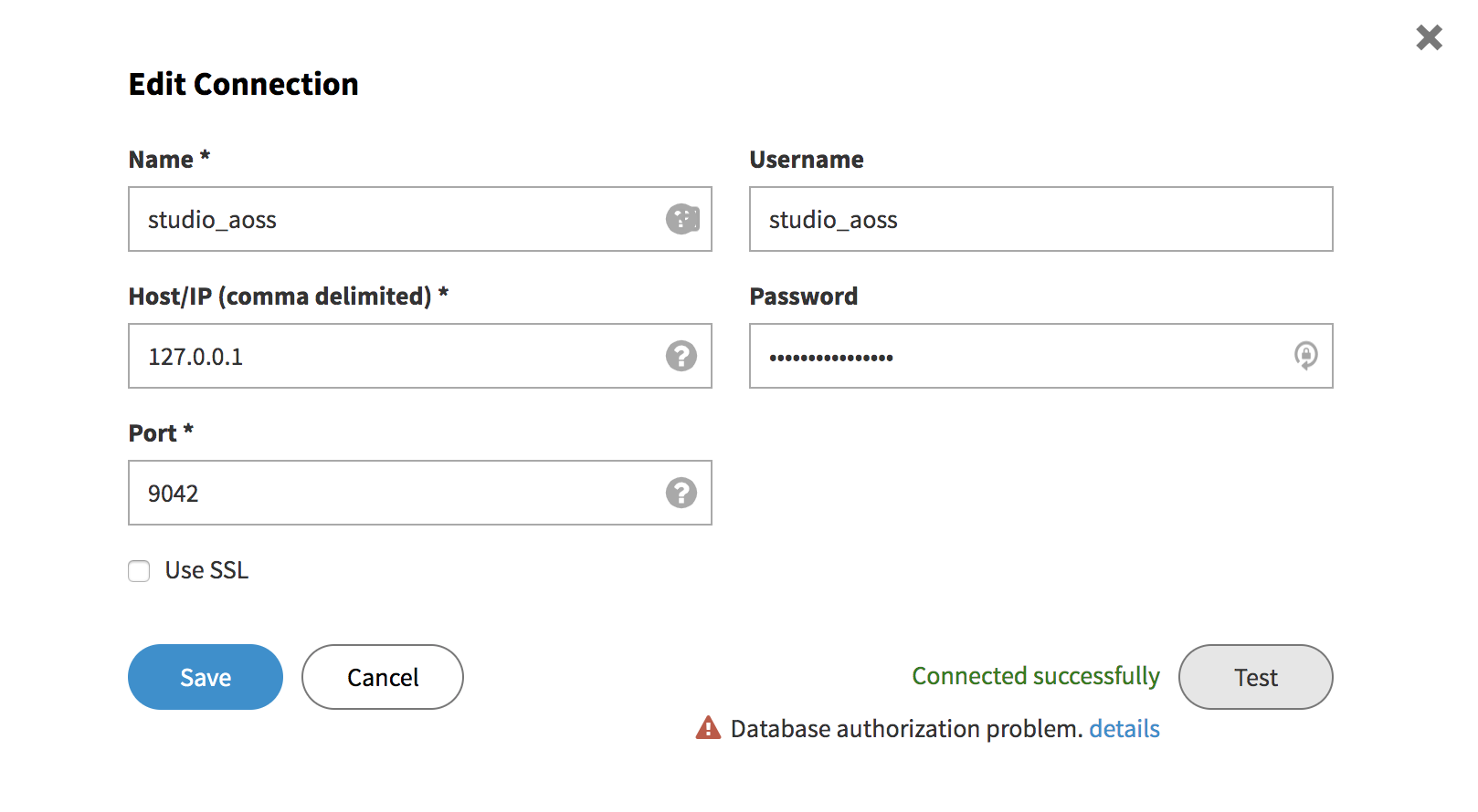 Edit Connection form with message indicating Database authorization problem and details link