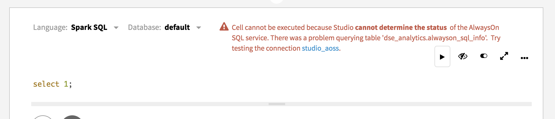 Studio error message displayed in SparkSQL notebook cell because Always On SQL Server (AOSS) does not have permission to access data