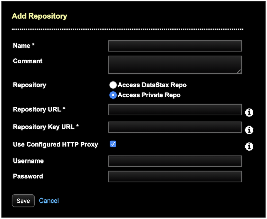 Enter the repository URL and its key if downloading from a private repository rather than the DataStax repository
