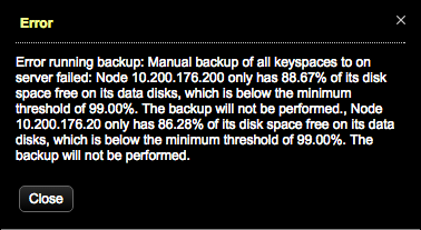 Error when free disk threshold falls below specified minimum for backups