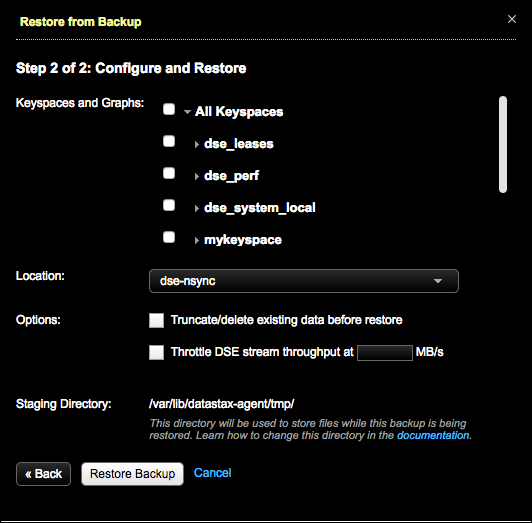 Step 2 of 2: Configure and Restore (Clone), Restore from Backup dialog, Location available