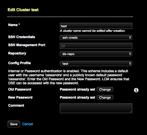 Change password for cassandra user in the Edit Cluster dialog