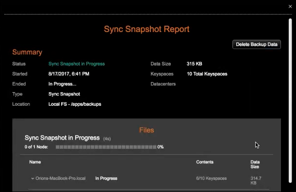 ［Sync Snapshot Report］ダイアログに進行状況とステータスが表示される