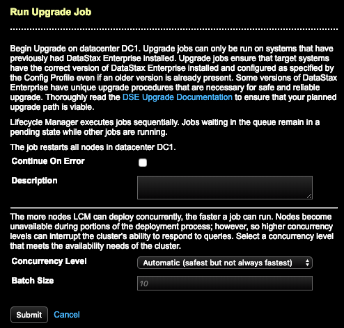 LCMのデータ・センターの［Run Upgrade (DSE) Job］ダイアログ