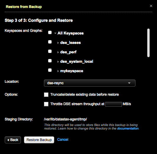 Step 3 of 3: Configure and Restore、［Restore from Backup］ダイアログ、［Other Location］タブ/複製ワークフロー