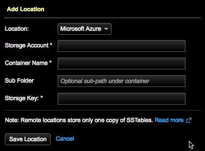 Backup service screen for Microsoft Azure