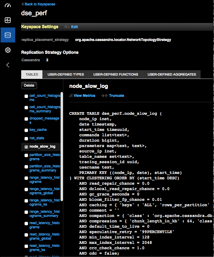 View the CQL in the OpsCenter Monitoring Data area for the node_slow_log in the dse_perf keyspace