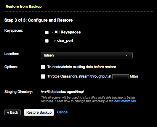 Step 3 of 3 restore backup dialog other location tab