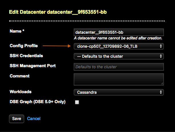 Edit DC in clusters area to associate newly cloned config profile for minor DSE upgrade