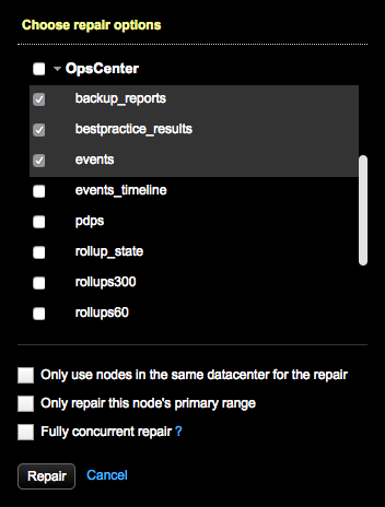 Choose repair options when running a manual repair in OpsCenter Nodes admin area