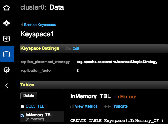 View In-Memory tables in the Data Keyspace area