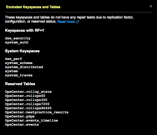 View-only dialog displaying all keyspaces and tables excluded from subrange repairs